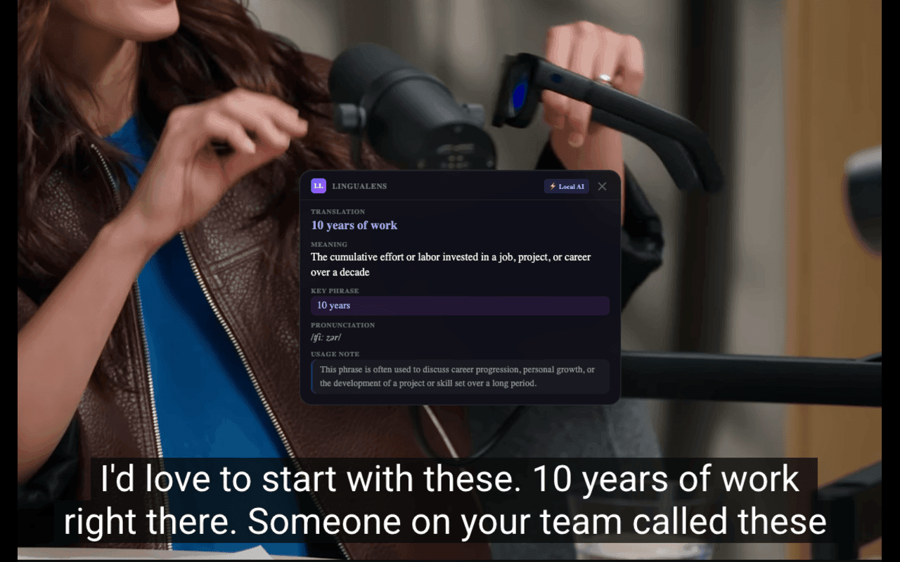 LinguaLens in action — translating subtitles with AI